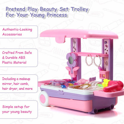 Big Beauty Set Suitcase On Wheel, The Ultimate Beauty Set On Wheels for Girls, Makeup Kit is Easy to Clean & Use, Portable Beauty Set with 25 Pieces for 3 Years BIS Approved. (Beauty Set Trolley) signaturekarts