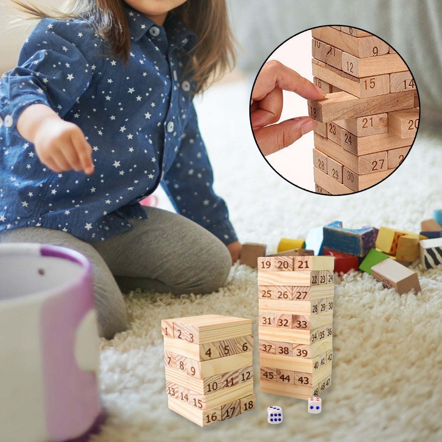 Wooden Tumbling Stacking Tower Game, Zenga tower (48 Pcs Blocks 2 Dices) Signaturekarts