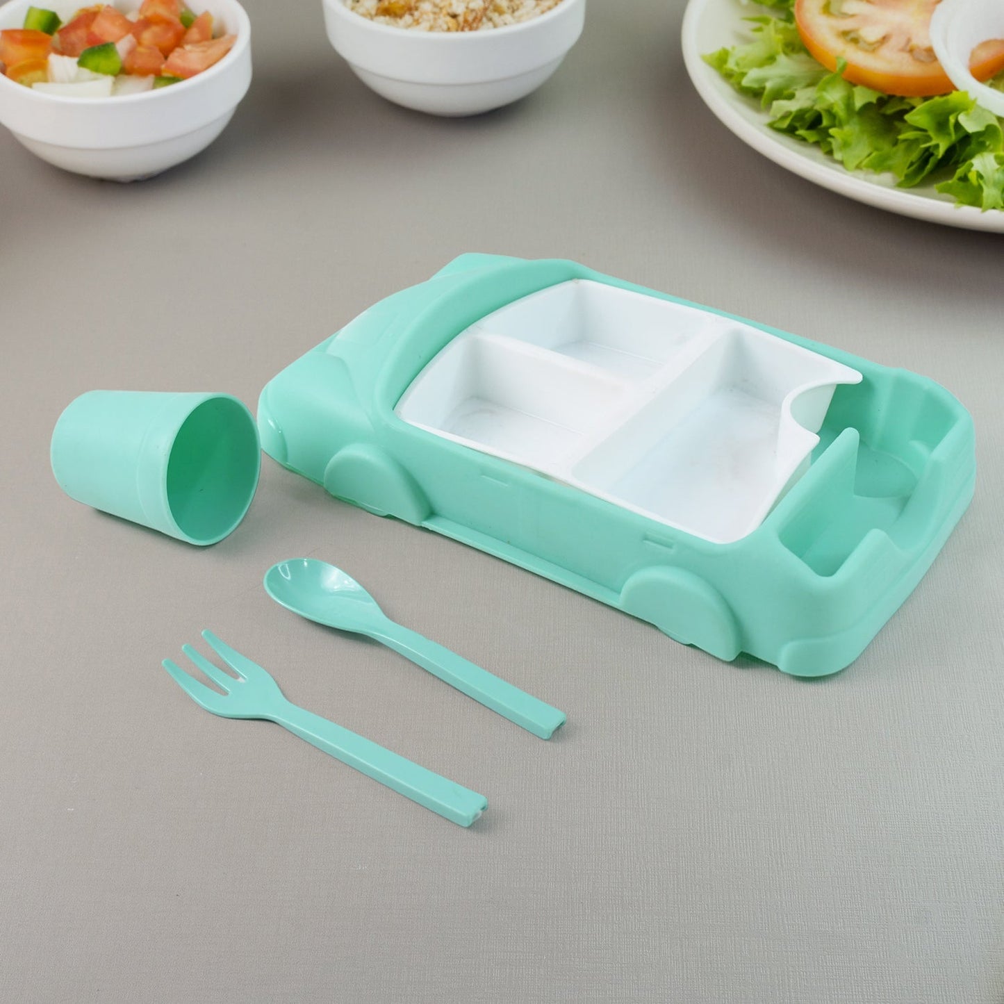 Kid's Car Shaped Plates Cup / Lunch Box Dinnerware (4 Pcs Set / 1000 ML Lunch Box) Signaturekarts