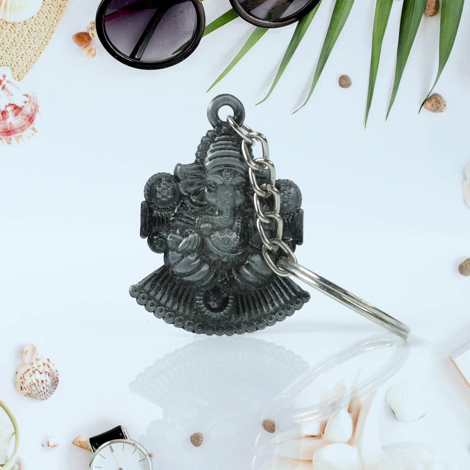 Lord Ganesha Sitting Design Silver Keychain (1 Pc) signaturekarts