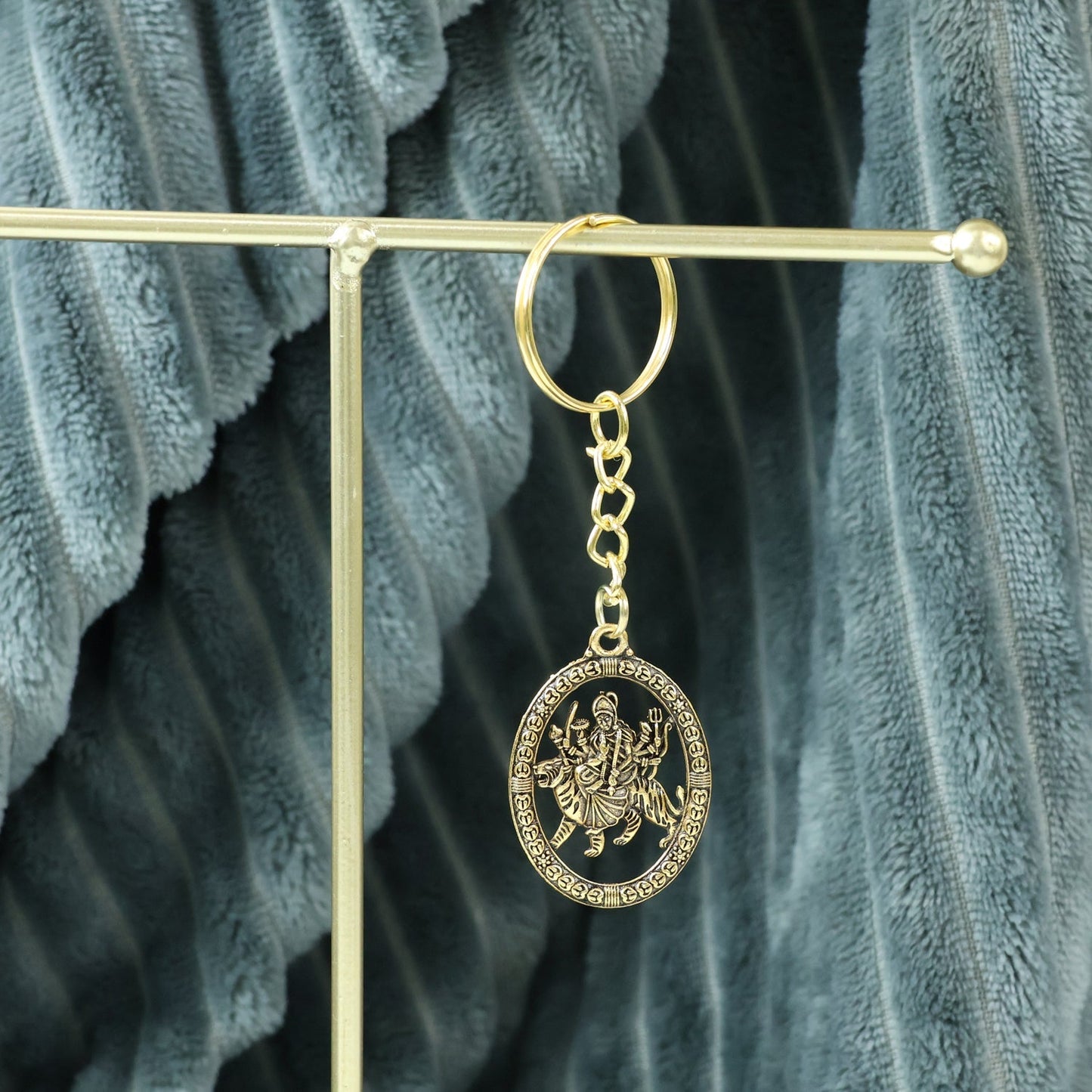 Maa Durga Oval Frame Golden Keychain (1 Pc) signaturekarts