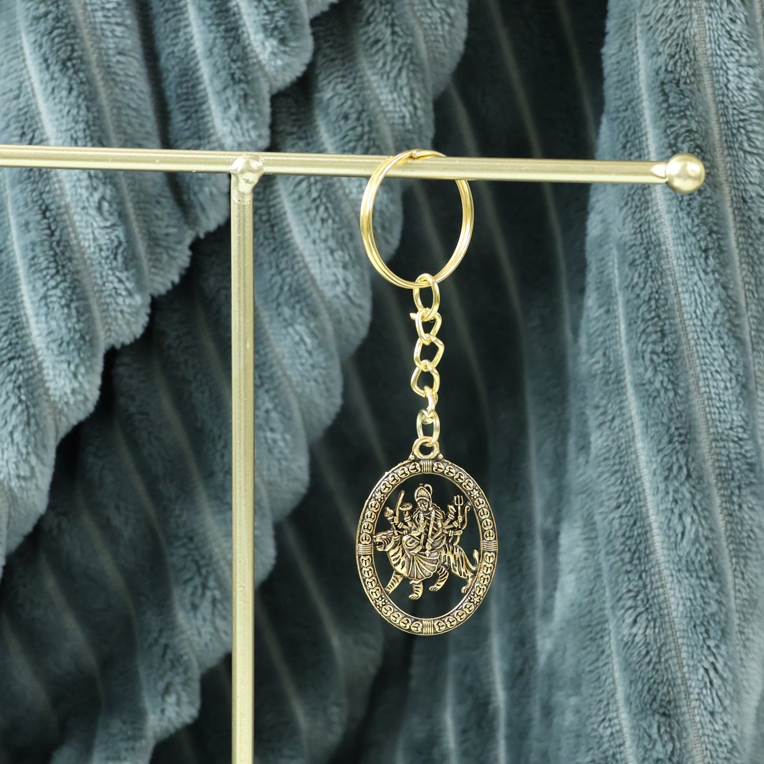 Maa Durga Oval Frame Golden Keychain (1 Pc) signaturekarts