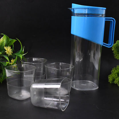 Transparent Premium Jug with Elegant Handle & 4 Plastic Glasses (2000 ML Approx) Signature kart