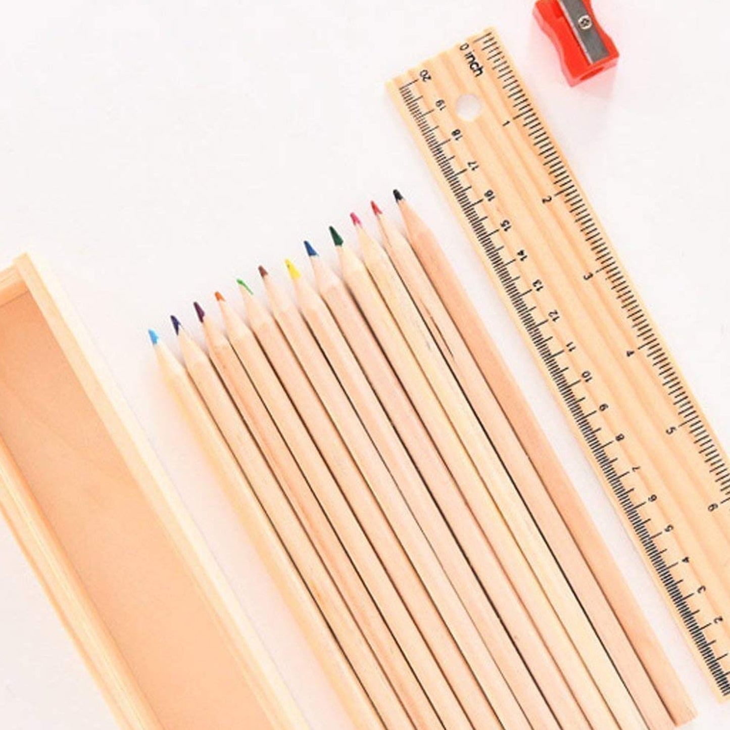 Colorful Wooden Pencil Set with Pencil box, Ruler, Sharpener (12 Pcs Set) signaturekarts