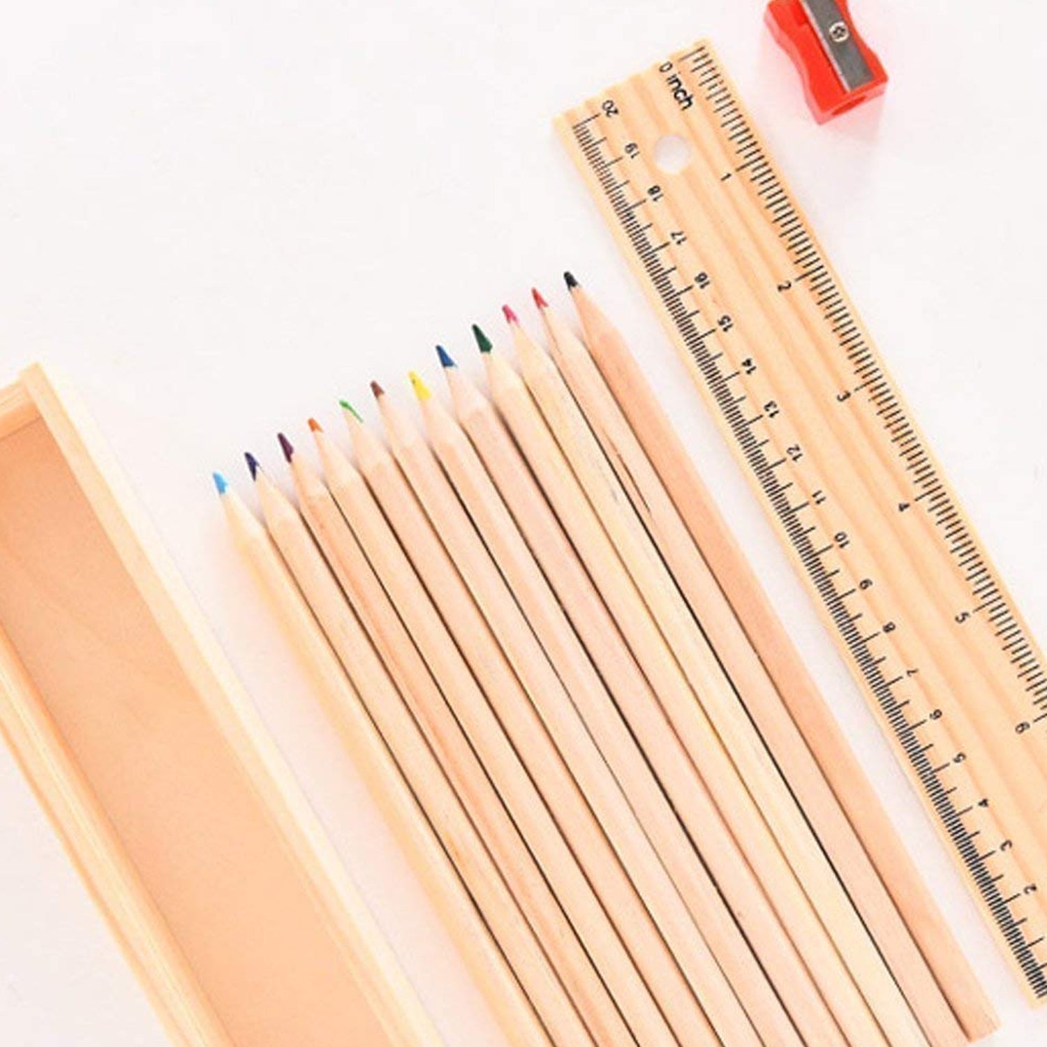 Colorful Wooden Pencil Set with Pencil box, Ruler, Sharpener (12 Pcs Set) signaturekarts