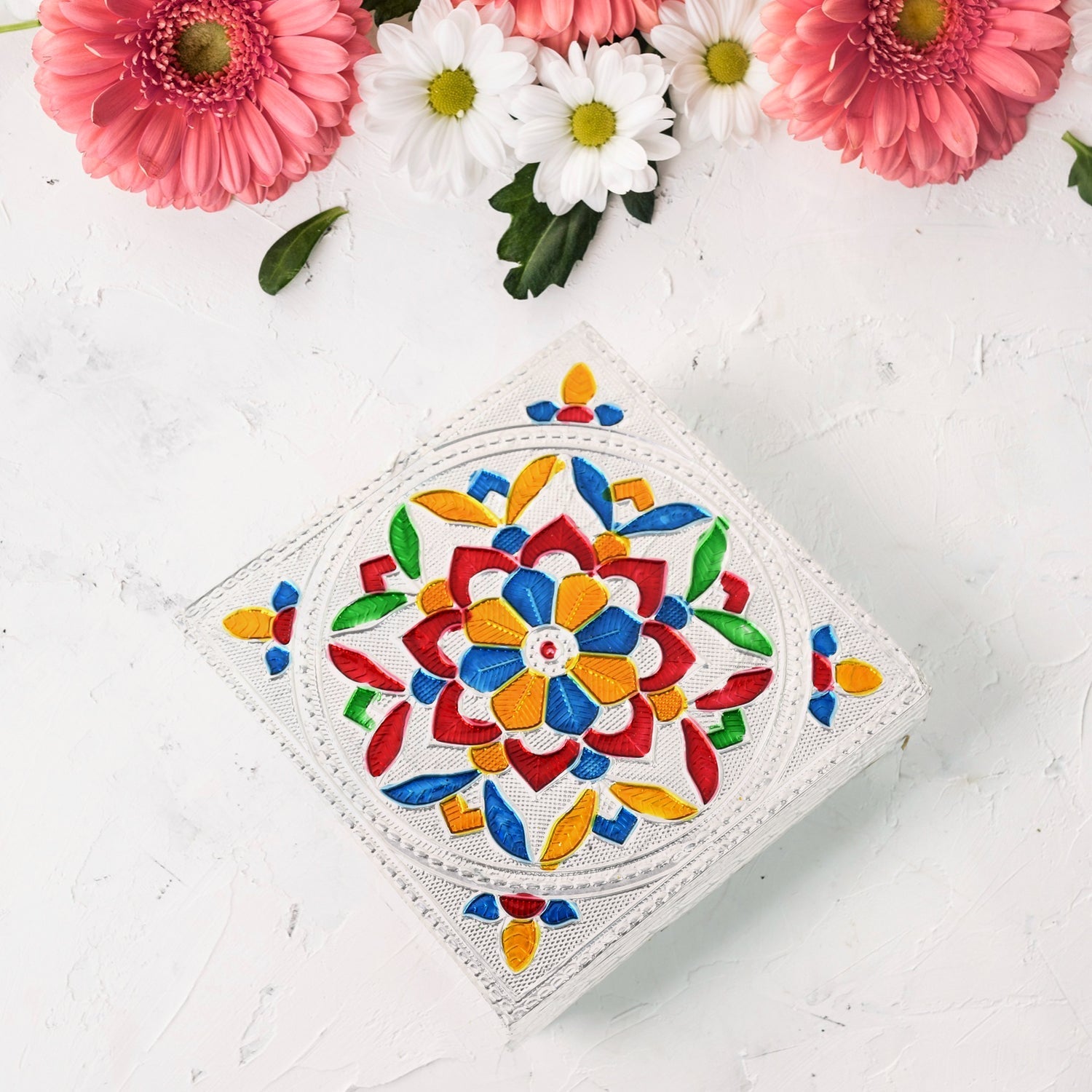 1 Pc Meenakari Wooden Chowki & Bajot Set: For Home & Office Puja (Multicolor) signaturekarts