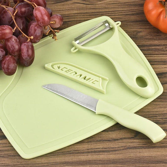 Plastic Kitchen Peeler - Green & Classic Stainless Steel 3-Piece Knife Set Combo signaturekarts