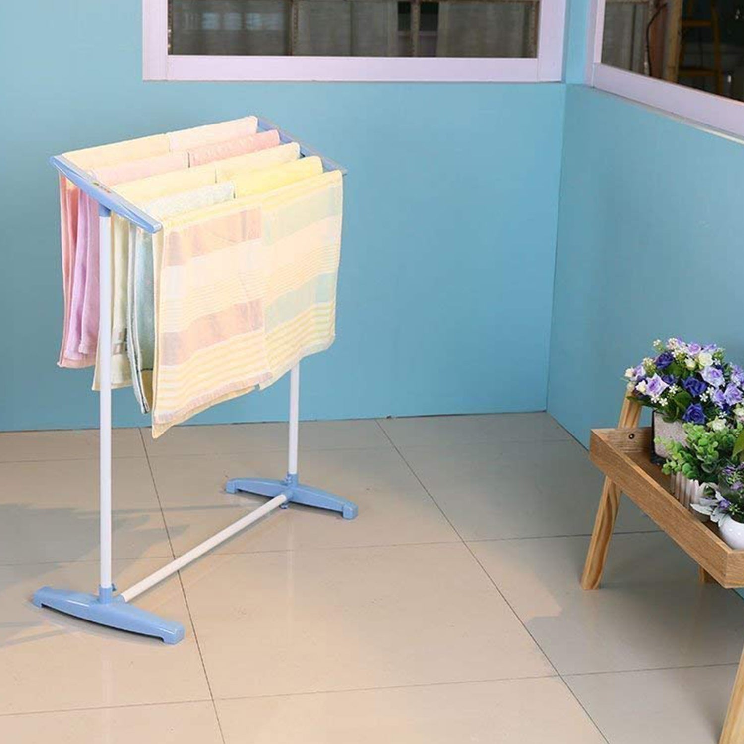 Multi-Functional Single Tier Mobile Towel Foldable Rack for Cloth and Towel / Stainless Steel and Plastic Made Mobile Towel and Cloth Rack Holder Indoor / Outdoor Standing Movable Cloth Dryer Rack, Balcony Cloth Drying Stand signaturekarts
