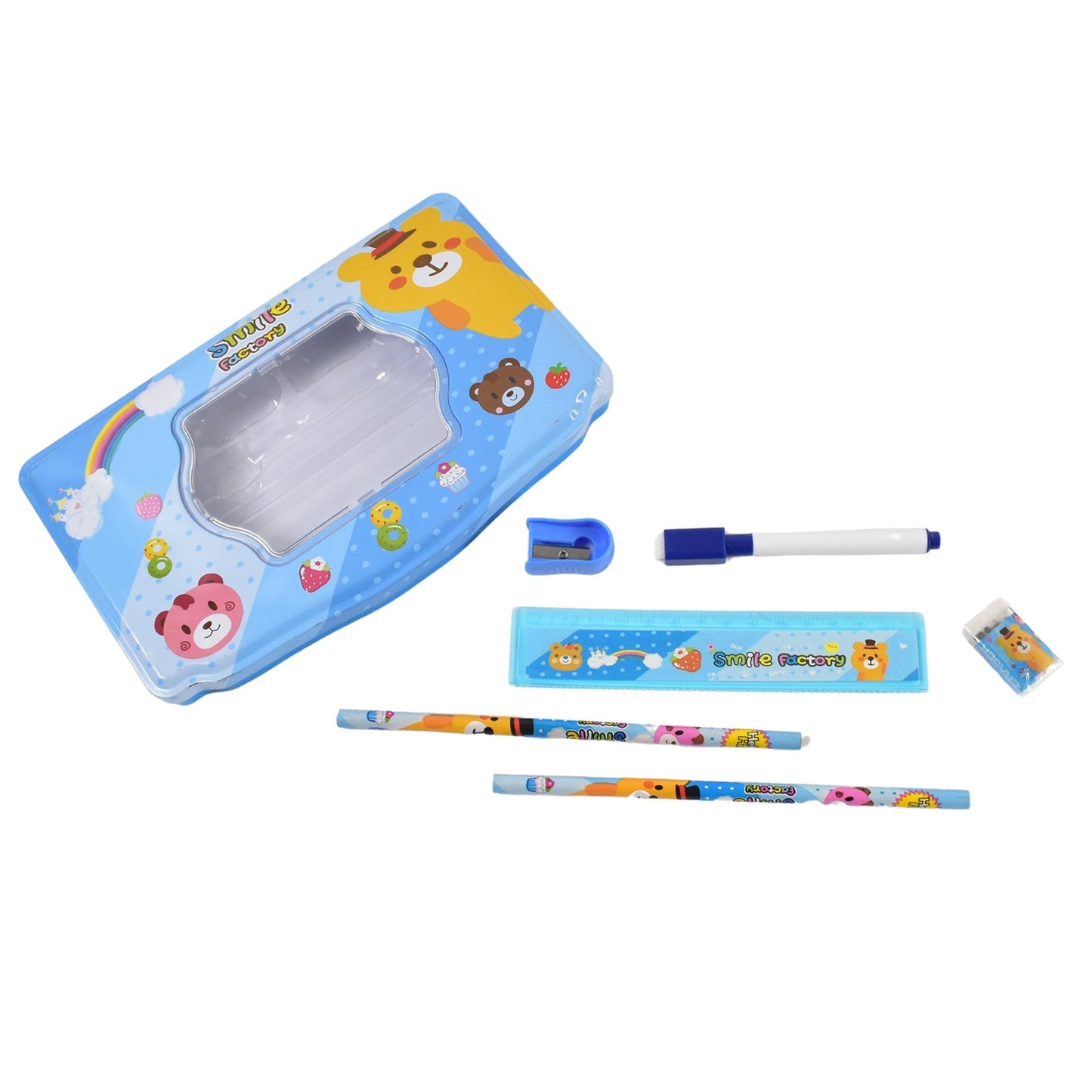 Cartoon Metal Compass Box for Kids with Stationery (6 Pc Set) signaturekarts