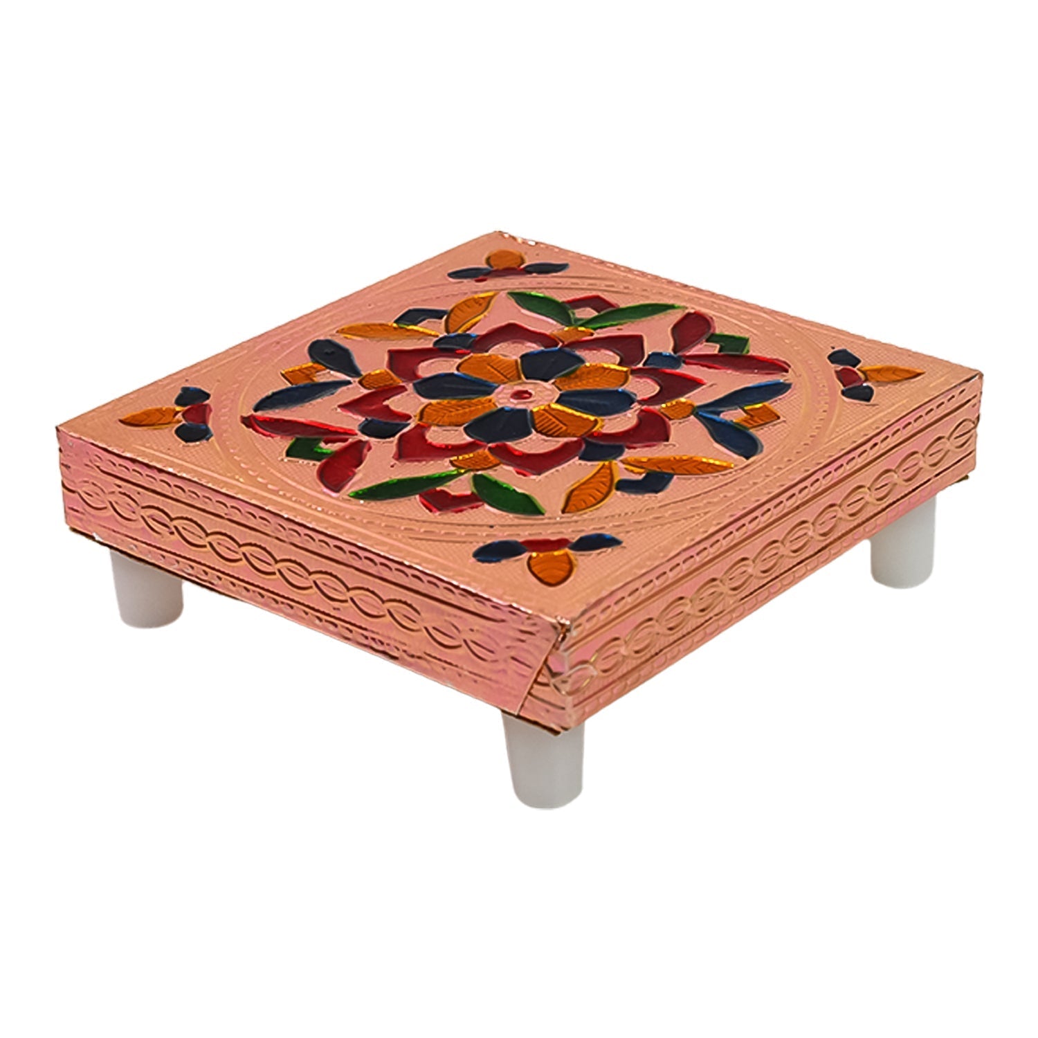 1 Pc Meenakari Wooden Chowki & Bajot Set: For Home & Office Puja (Multicolor) signaturekarts