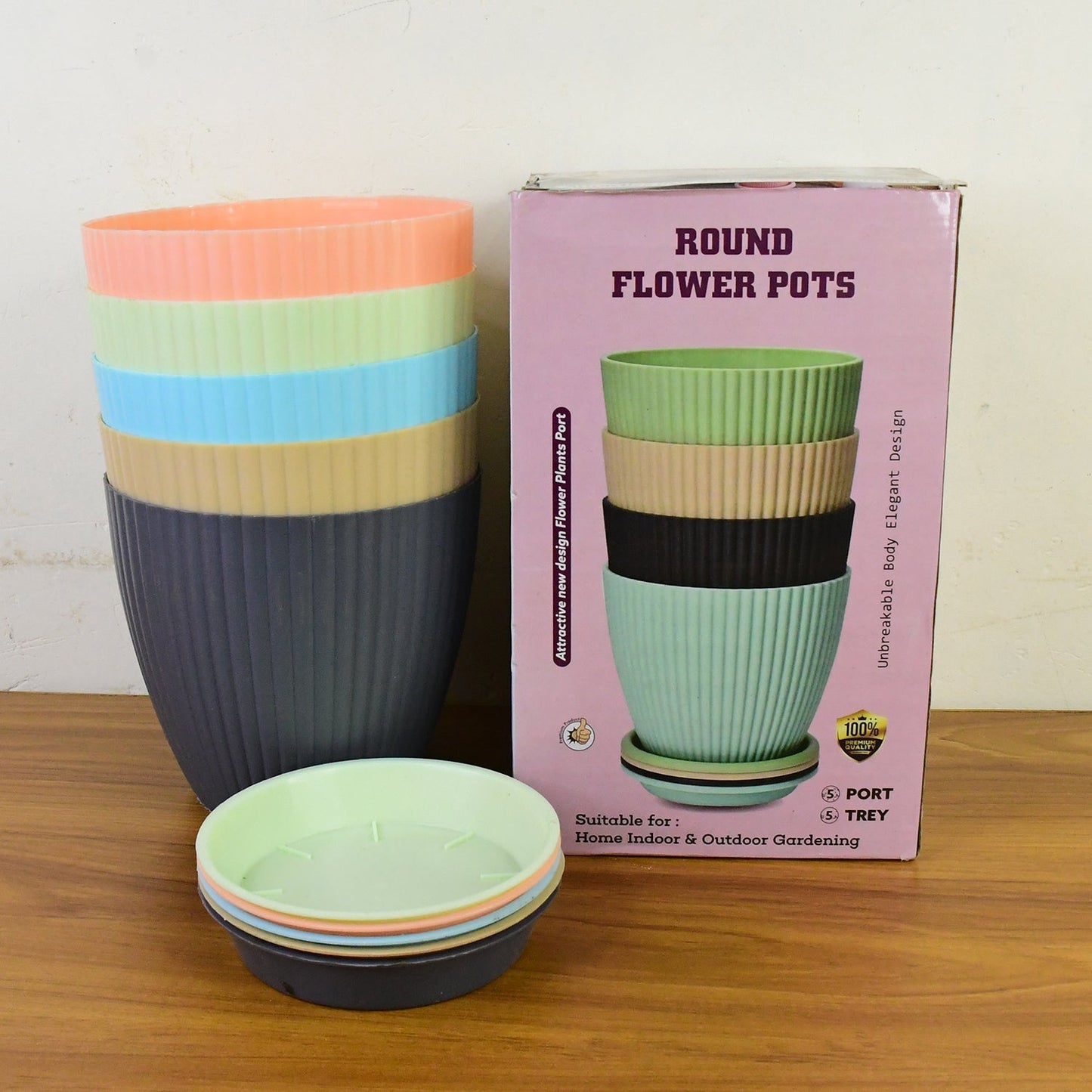 Round Plastic Flower Pot with Bottom Tray (5 Pcs Set / With Color Box) signaturekarts