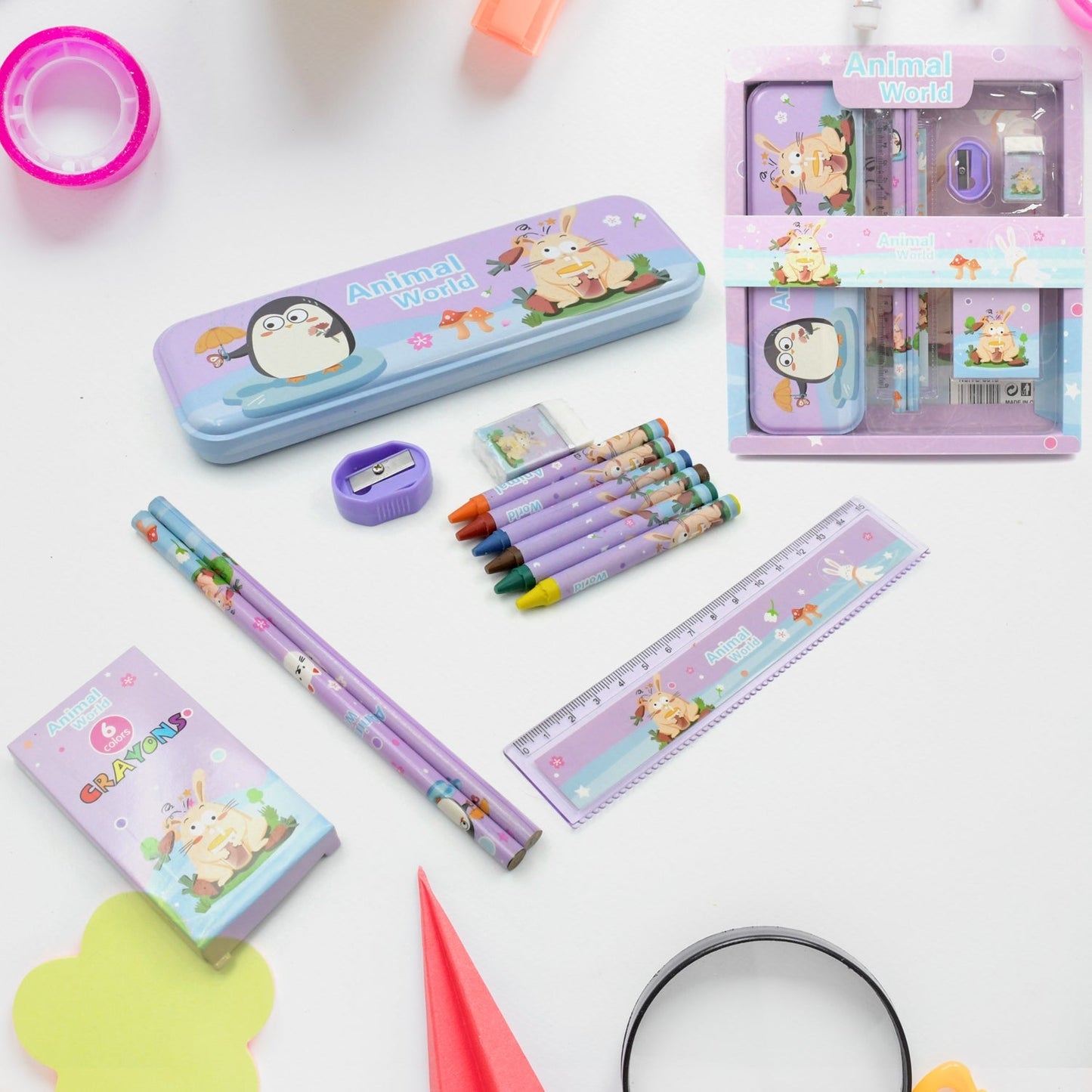 Stationery Kit for Kids - Metal Pencil Box, Sharpener, Pencil & Eraser (12 Pc Set) signaturekarts