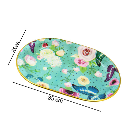 Big Plastic Flower Printed Design Serving Tray (1 Pc / 35 x 24 CM / Mix Color) signaturekarts