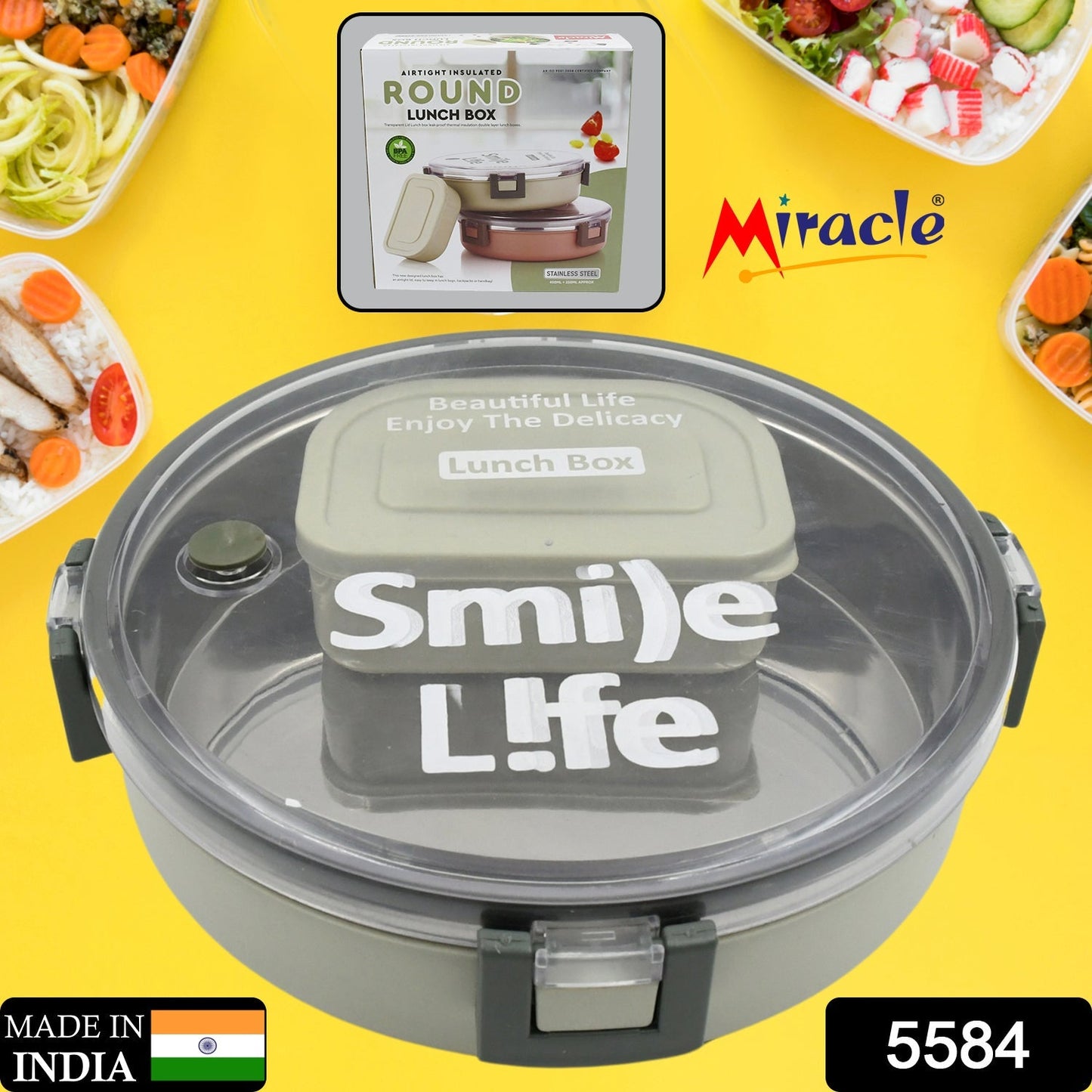 Miracle Stainless Steel Round Lunch Box, with Small Plastic Box Insert Leak Proof Lunch Box with Transparent lid, Lunch Box for Kids & Adults for School, Office (450 ML + 250 ML Approx) signaturekarts
