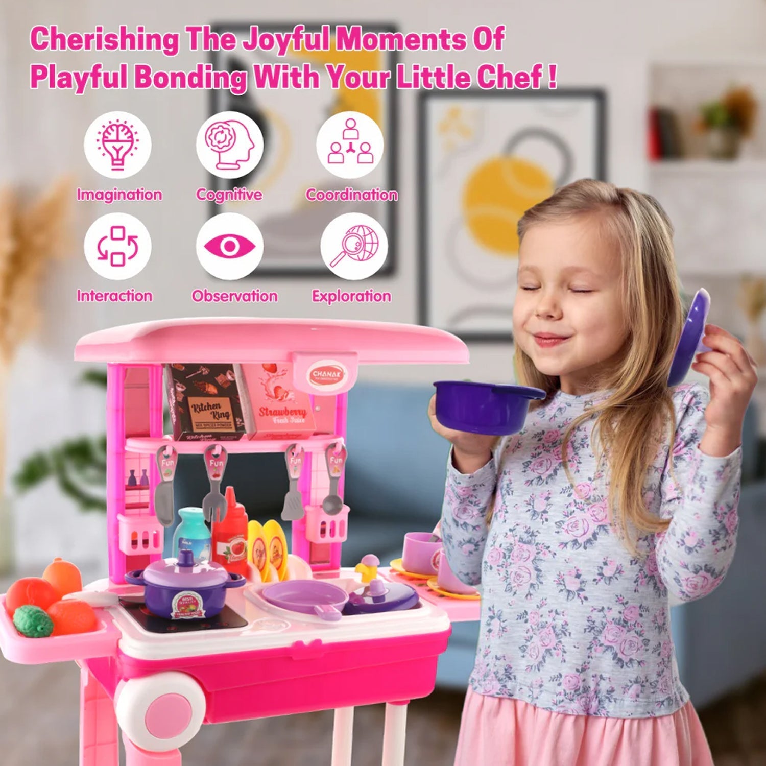 Kitchen Set Kids with Suitcase Role Play Cooking Toy for Girls & Boys (3+) Signaturekarts