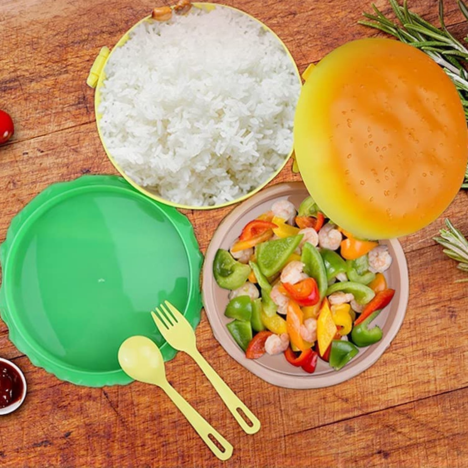 Burger Shape Lunch Box – Double Layer 1000ml Food Container with 2 Spoons for Kids signaturekarts