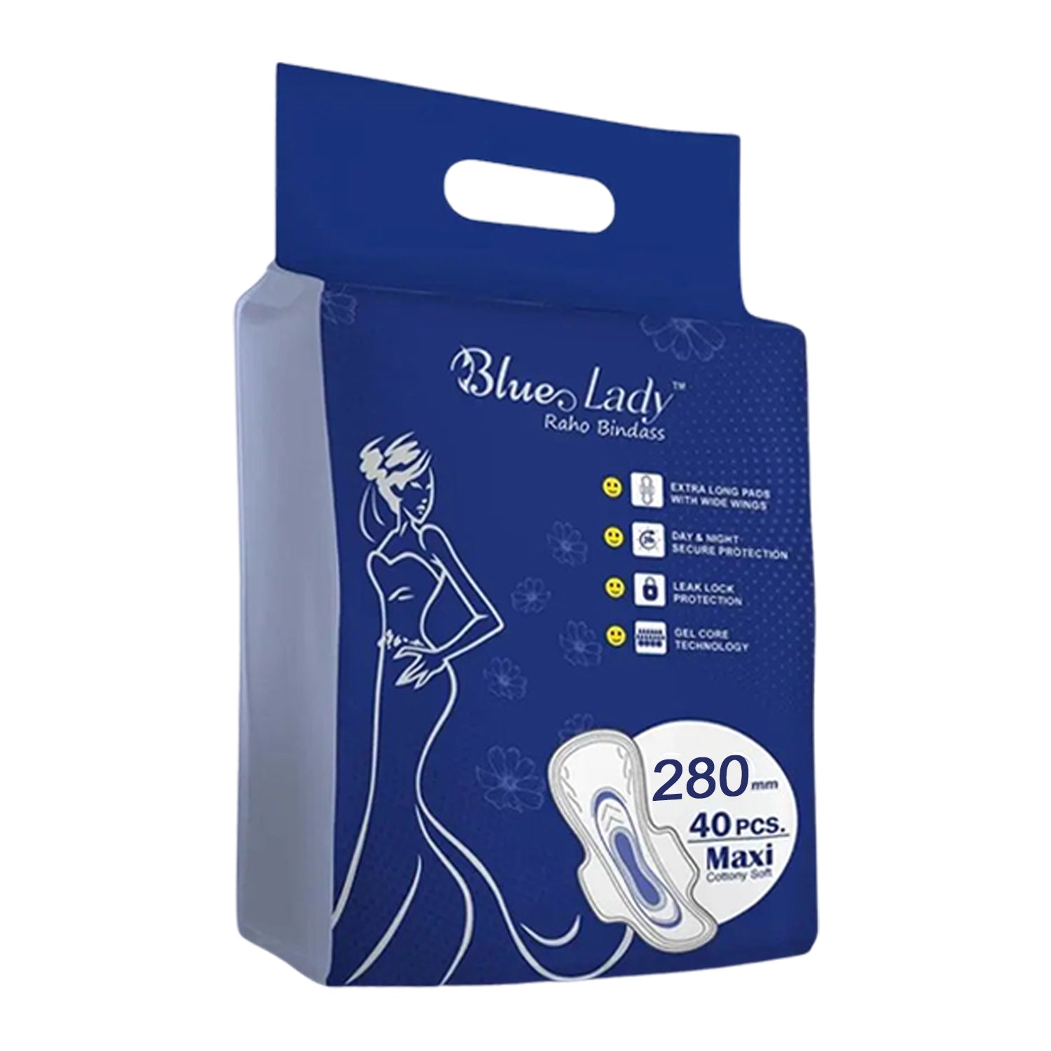 Beautiful Basics Blue Lady Long Pads With Wides Wings Sanitary Pads – 280 mm, 40-Pack signaturekarts