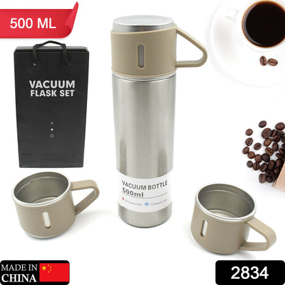 Stainless Steel Vacuum Flask Set with 3 Steel Cups Combo for Coffee Hot Drink and Cold Water Flask Ideal Gifting Travel Friendly Latest Flask Bottle. (500ml) Signature Kart