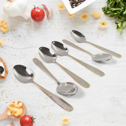 Stainless Steel Gold Bordered Textured Spoons Gold Plated Handle Set of 6 Pc Signaturekarts