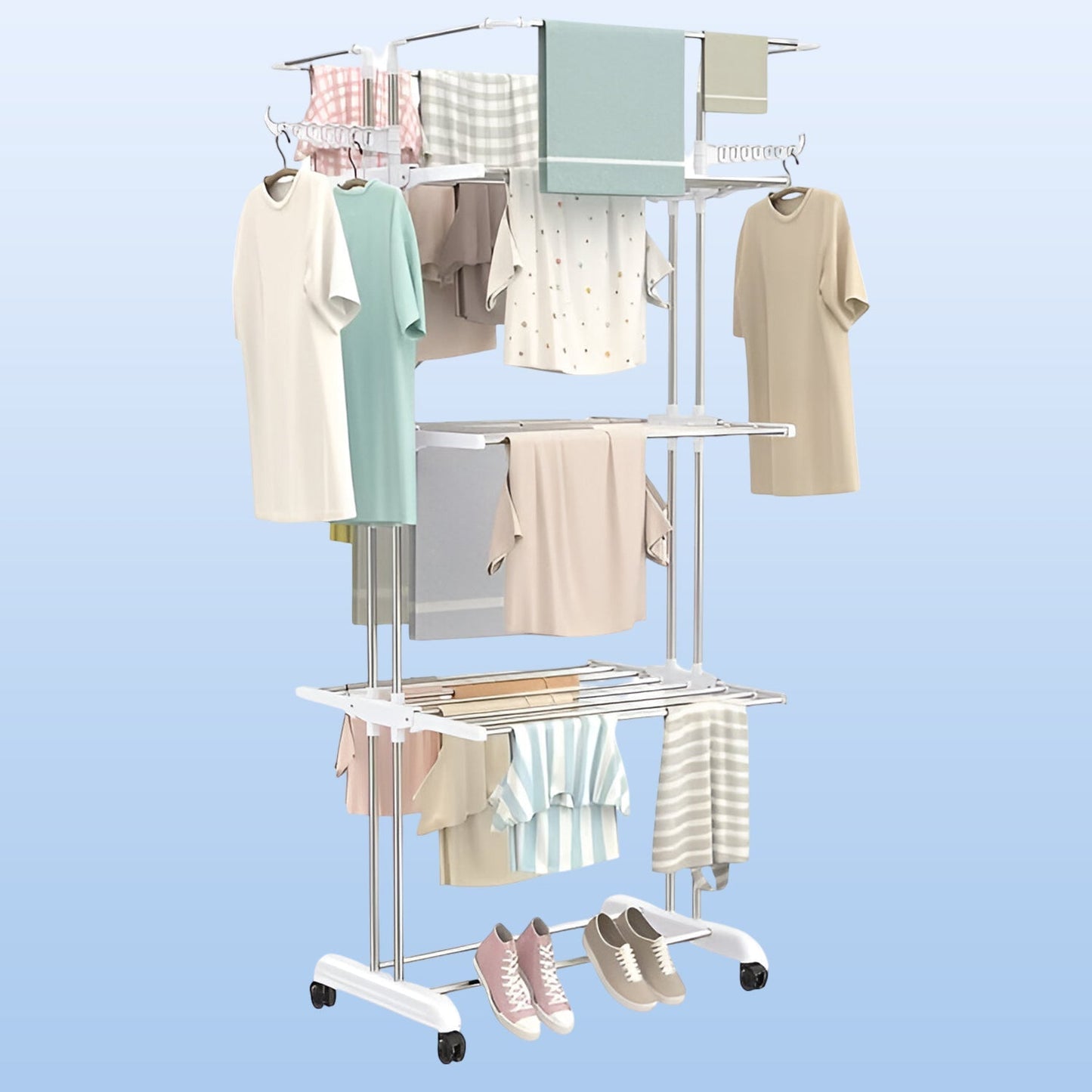 3-Tier Foldable Stainless Steel Cloth Drying Stand with Wheels Signature Kart