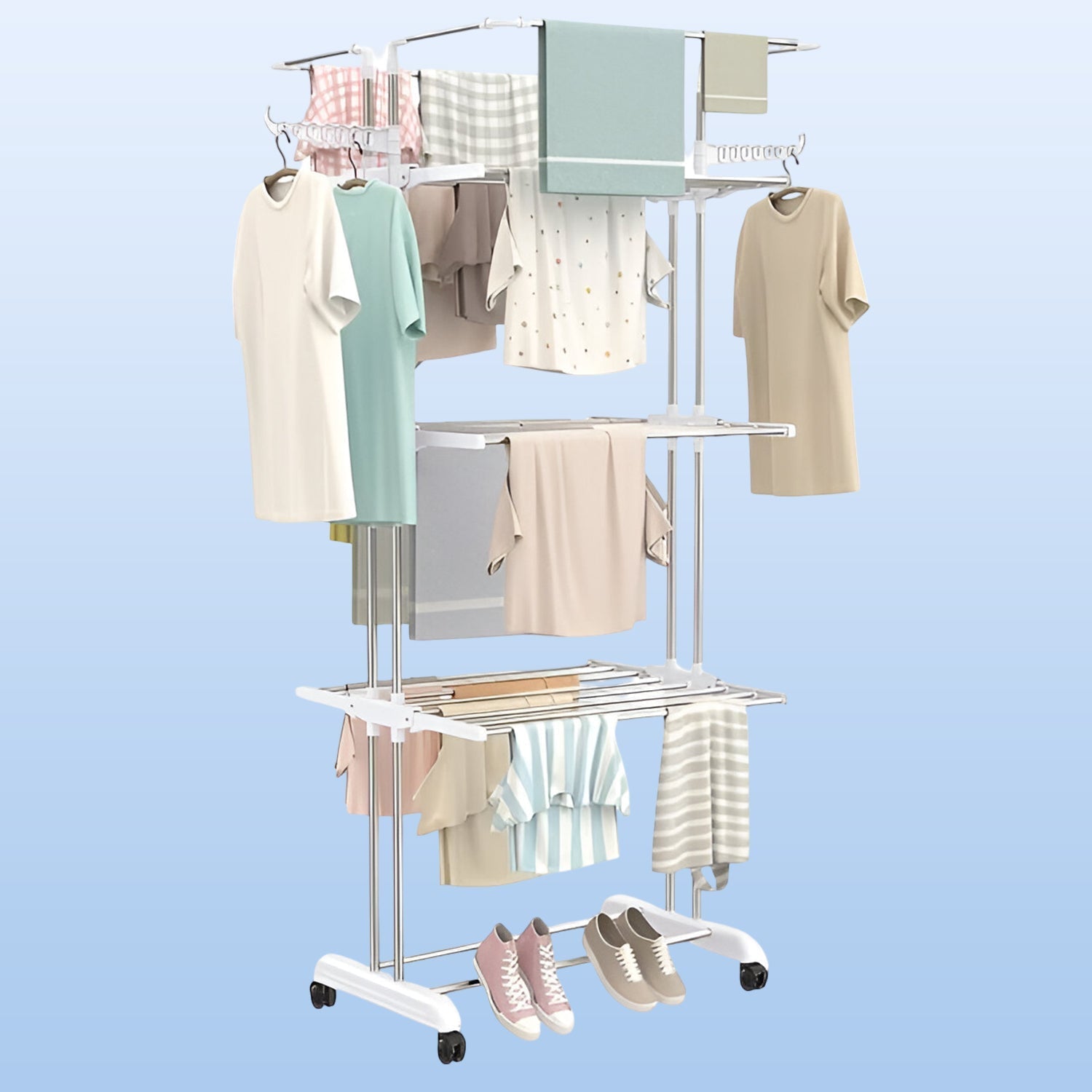 3-Tier Foldable Stainless Steel Cloth Drying Stand with Wheels Signature Kart