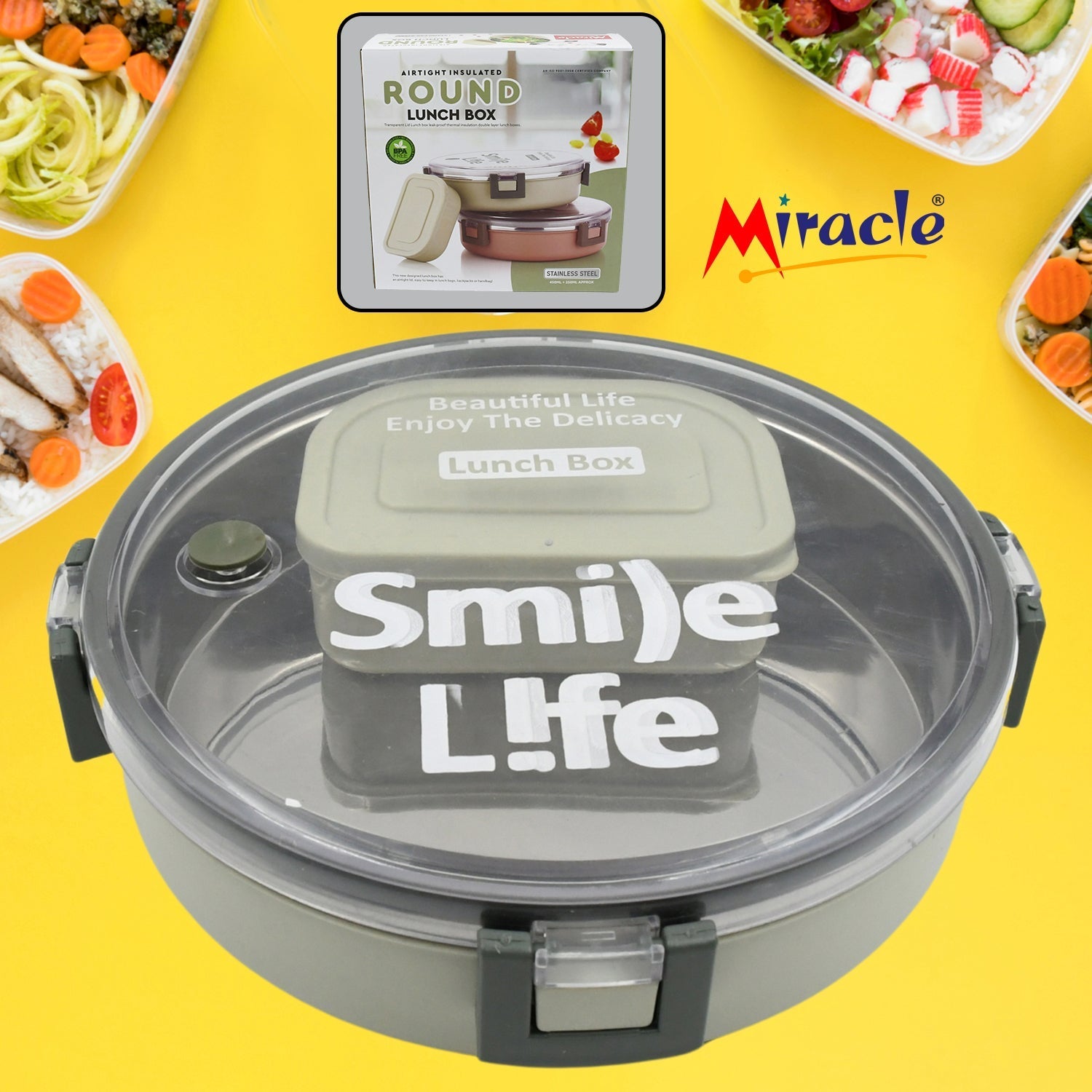 Miracle Stainless Steel Round Lunch Box, with Small Plastic Box Insert Leak Proof Lunch Box with Transparent lid, Lunch Box for Kids & Adults for School, Office (450 ML + 250 ML Approx) signaturekarts
