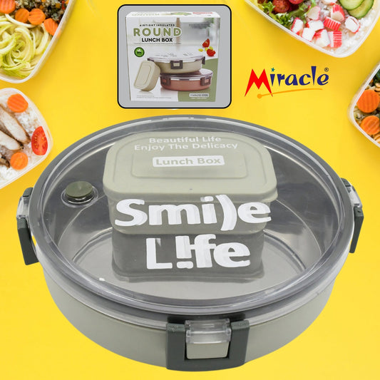 Miracle Stainless Steel Round Lunch Box, with Small Plastic Box Insert Leak Proof Lunch Box with Transparent lid, Lunch Box for Kids & Adults for School, Office (450 ML + 250 ML Approx) signaturekarts