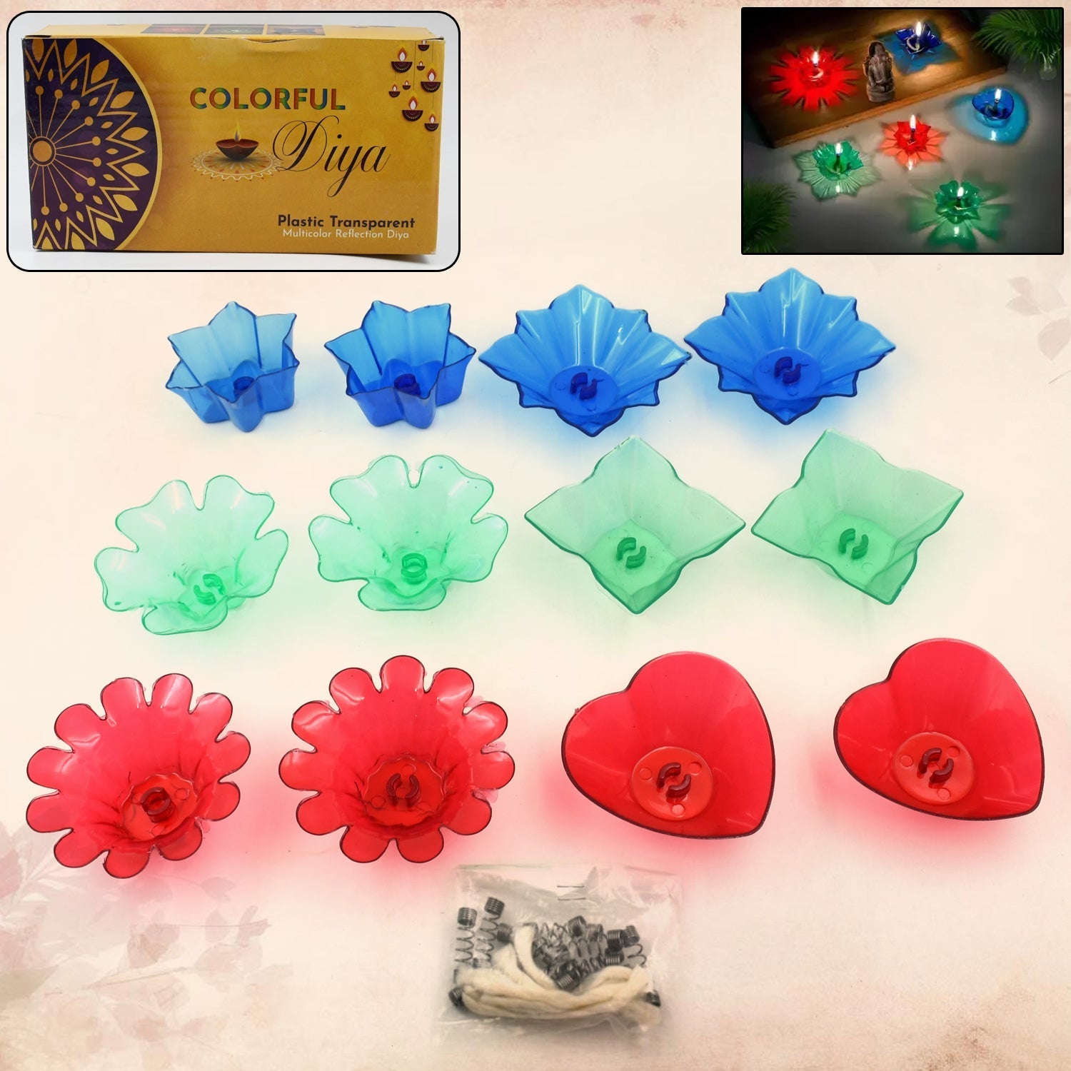 Magical Reflection Diya Set with 6 Attractive Design Cup Set Of 12 Pieces, Diwali Your Brand