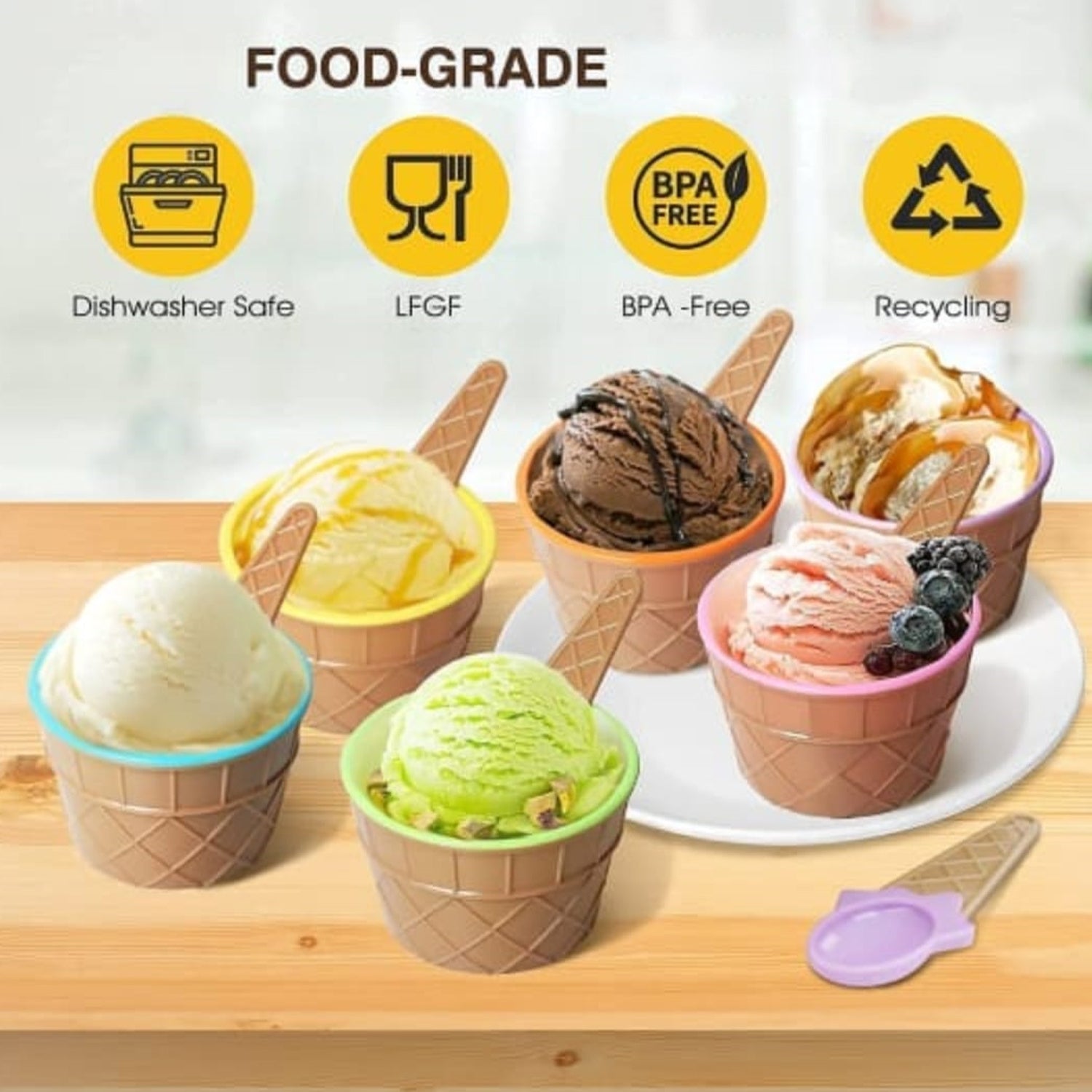 Premium Ice Cream Waffle Spoon Bowl Set (6-Piece , Color Box) signaturekarts