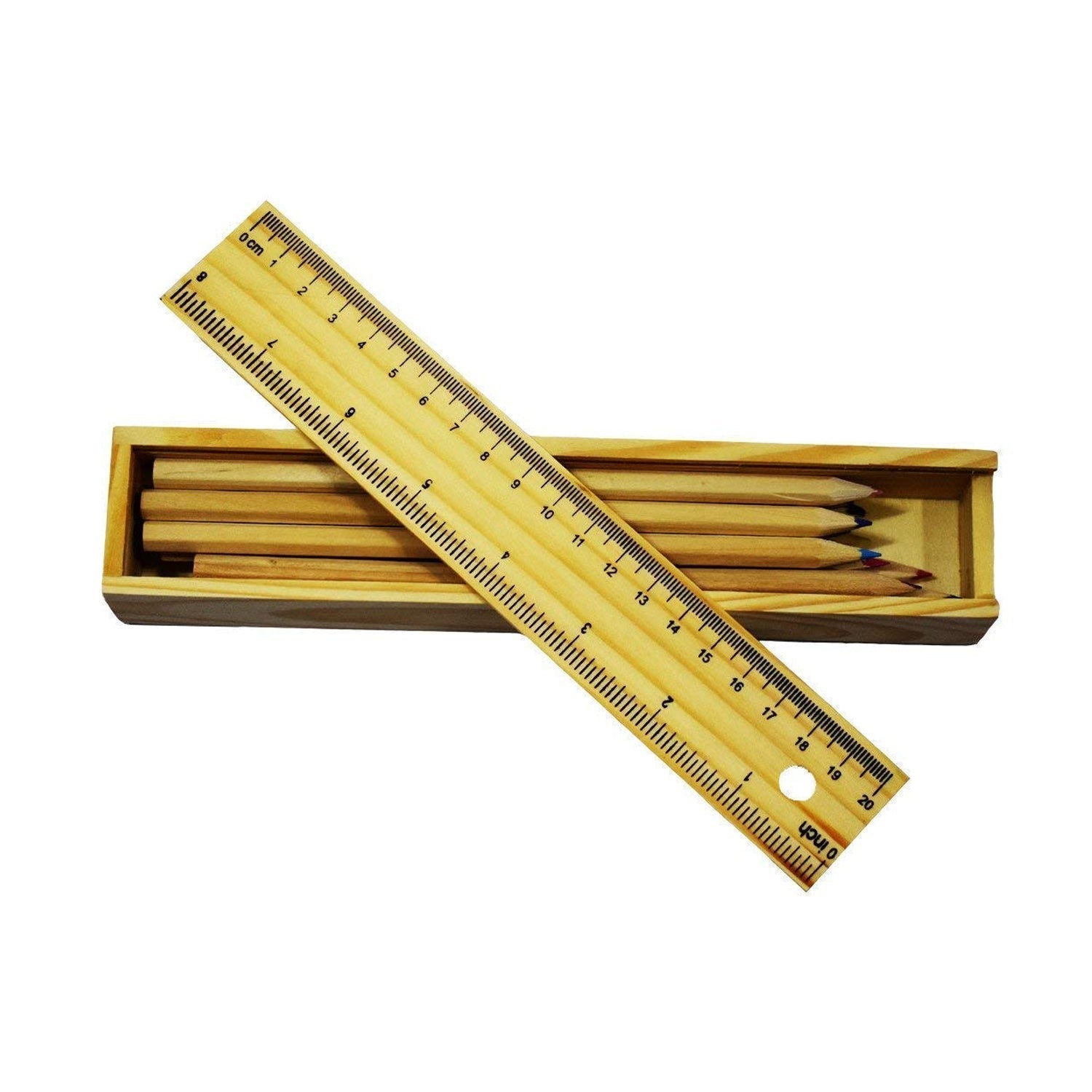 Colorful Wooden Pencil Set with Pencil box, Ruler, Sharpener (12 Pcs Set) signaturekarts
