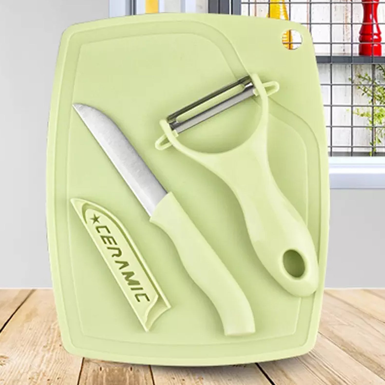 Plastic Kitchen Peeler - Green & Classic Stainless Steel 3-Piece Knife Set Combo signaturekarts