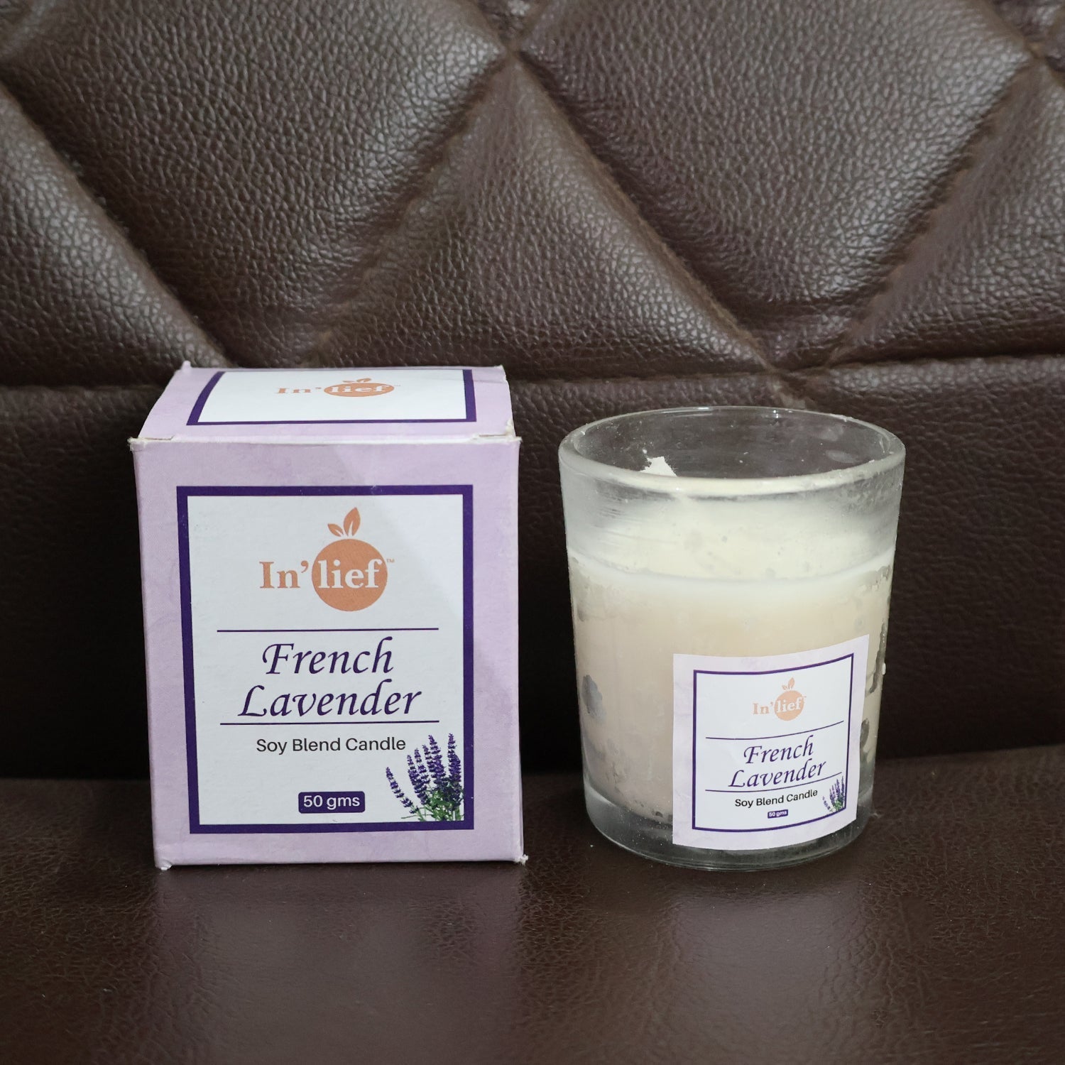 In'lief French Lavender Soy Blend Scented Candle in Glass Jar (50GM / 1 Pc) signaturekarts