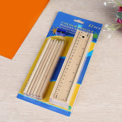 Colorful Wooden Pencil Set with Pencil box, Ruler, Sharpener (12 Pcs Set) signaturekarts