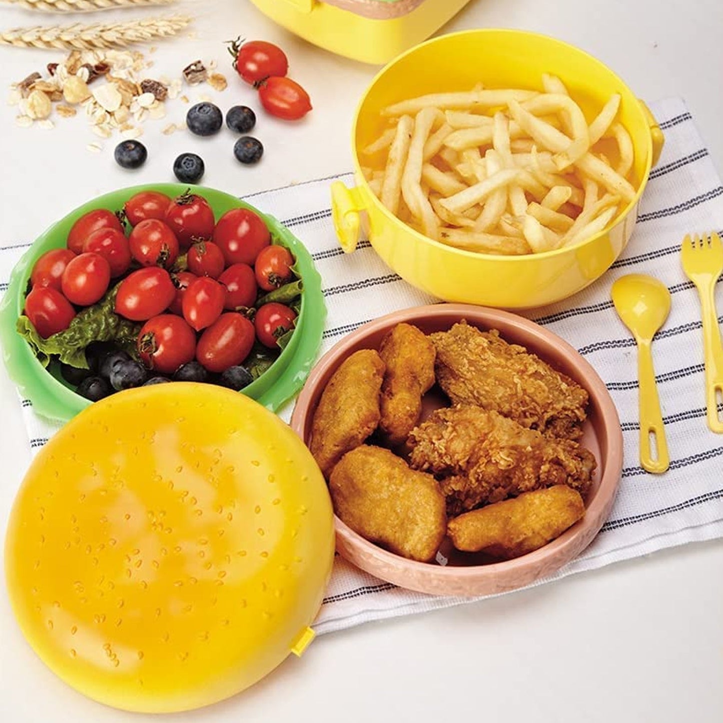 Burger Shape Lunch Box – Double Layer 1000ml Food Container with 2 Spoons for Kids signaturekarts