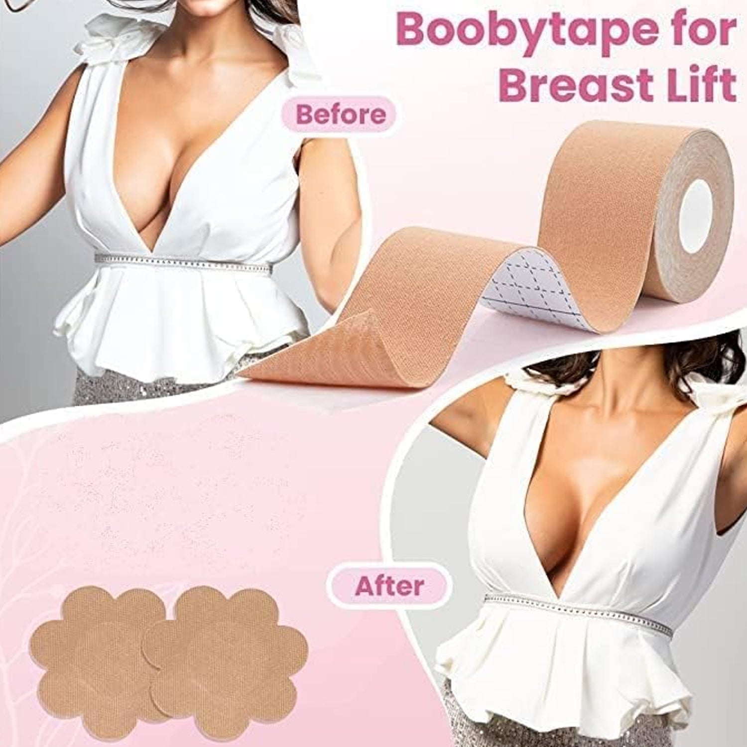 Boob Tape with Nipple Covers: Cotton, Breathable, Lift & Support (5m, 10 Pairs) signaturekarts