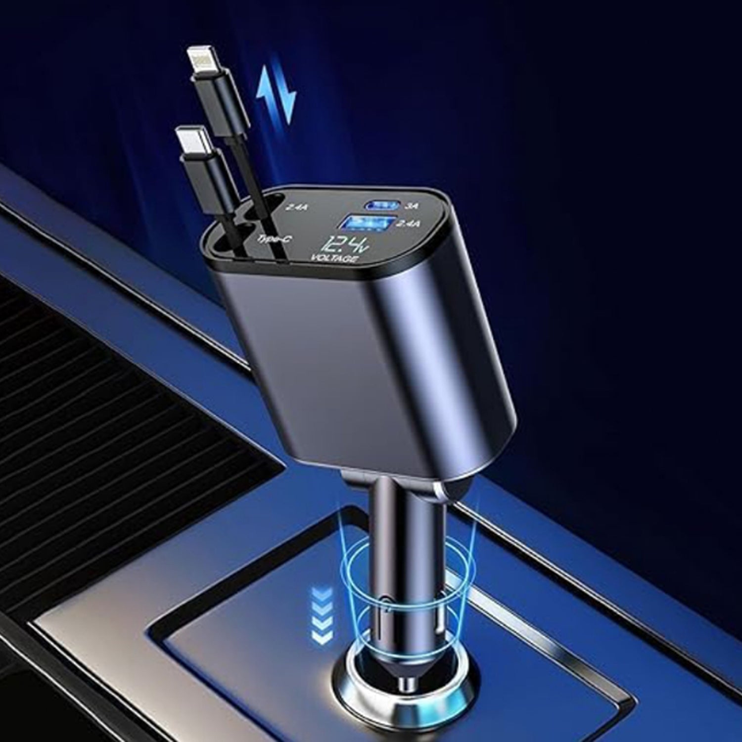 120 W Super Fast Car Charger 4-in-1 with Dual Built-In Cables, Dual USB Ports, The Morsignaturekarts