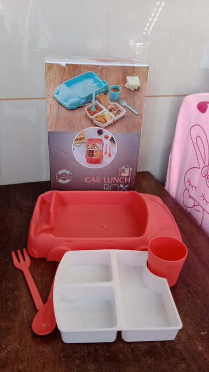 Kid's Car Shaped Plates Cup / Lunch Box Dinnerware (4 Pcs Set / 1000 ML Lunch Box) Signaturekarts