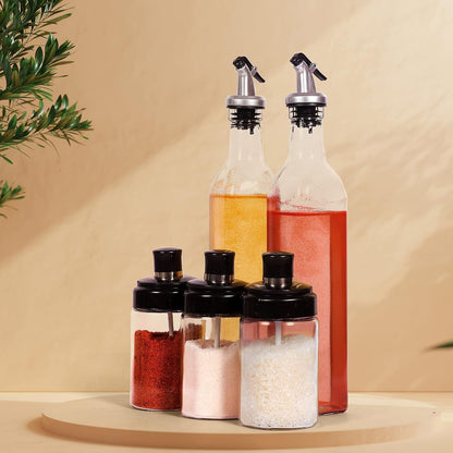 Transparent Glass Oil Dispenser 500 ML Bottle Set of 2, Spice Jar 250 ML Set of 3, Oil Bottle for Kitchen, Oil & Vinegar Storage Glass Bottle, Glass Container for Spice, Masala (5 Pcs Set) signaturekarts