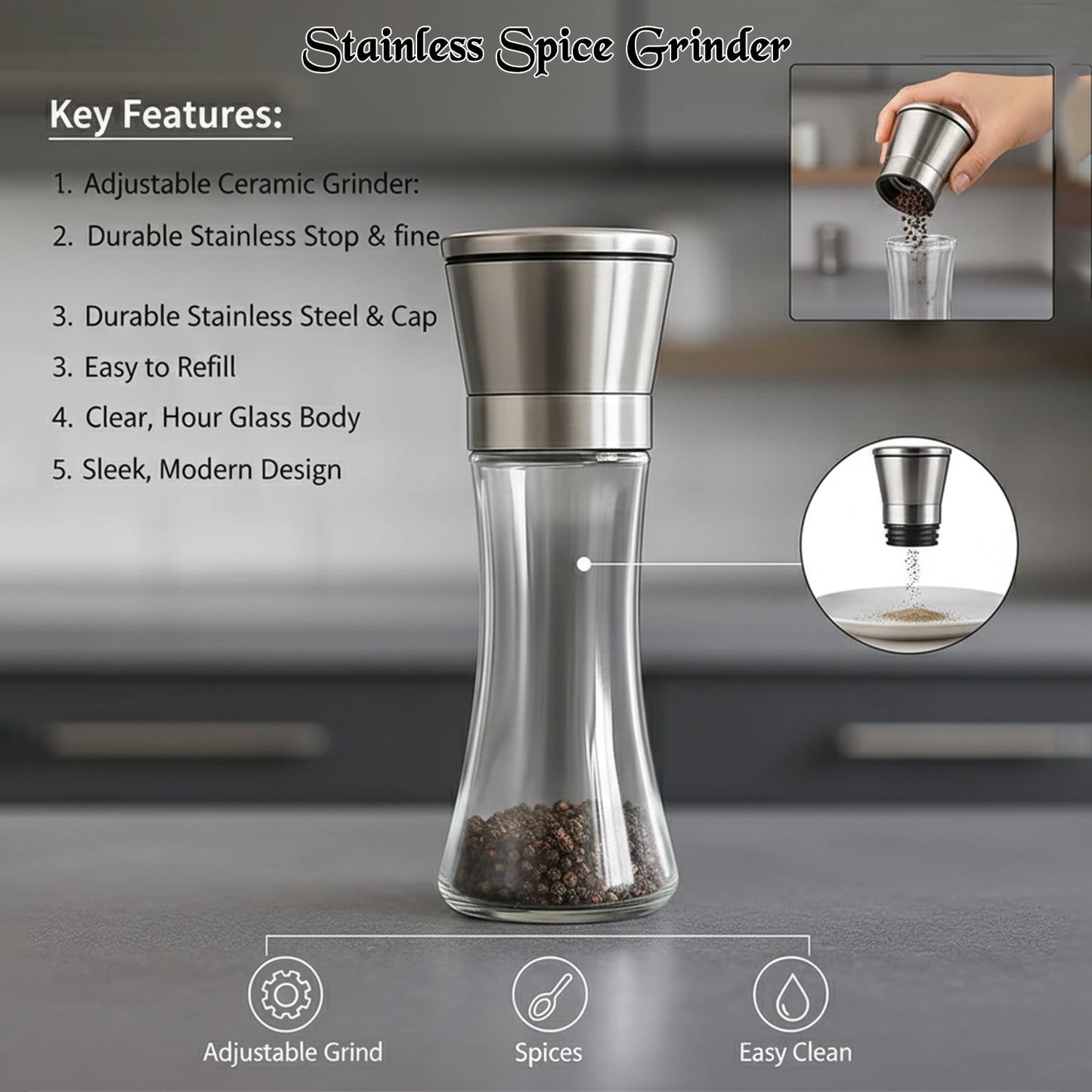 Premium Stainless Steel & Glass Manual Spice Grinder (1 Pc) The Morsignaturekarts