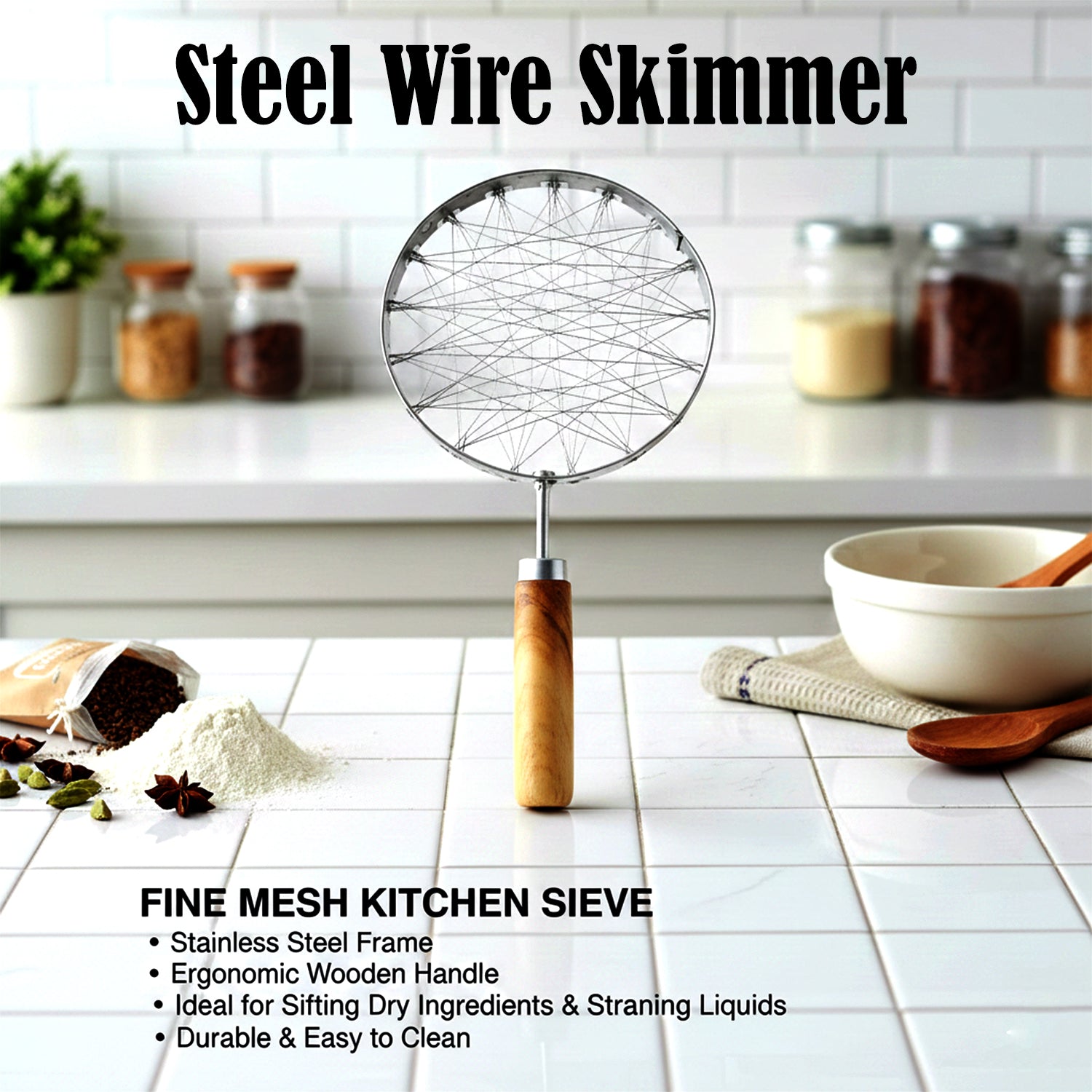 Stainless Steel Wire Skimmer with Wooden Handle (1 Pc) The Morsignaturekarts