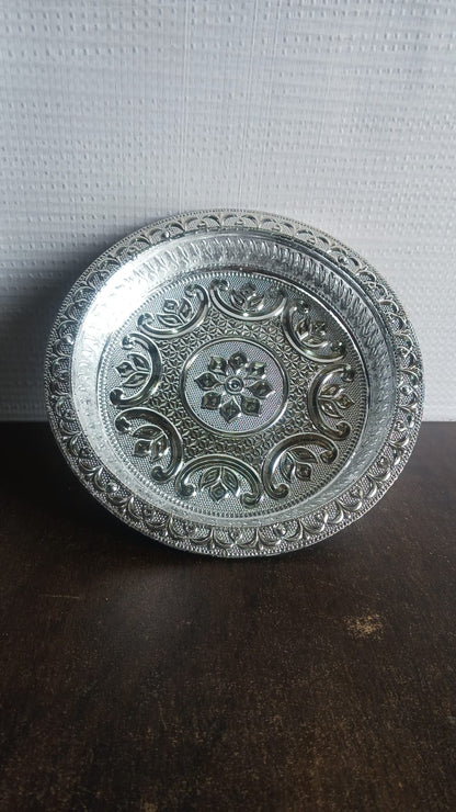 Traditional Silver Finish Plastic Pooja Thali (1 Pc) Signature Kart