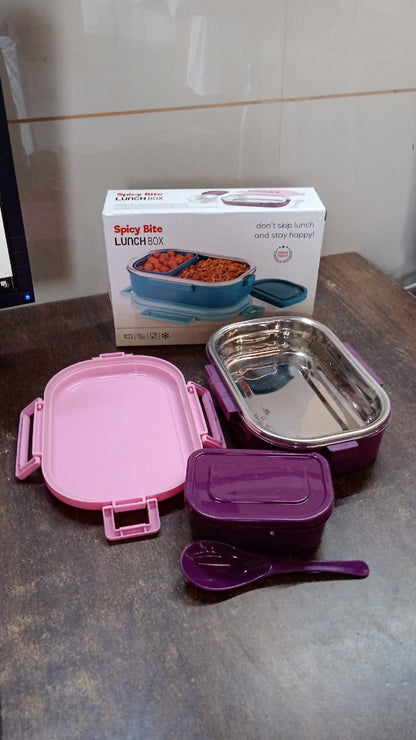 3 in 1 Spicy Bite Stainless Steel Lunch Box With Plastic Small Box & Spoon (1 Set) Signature kart