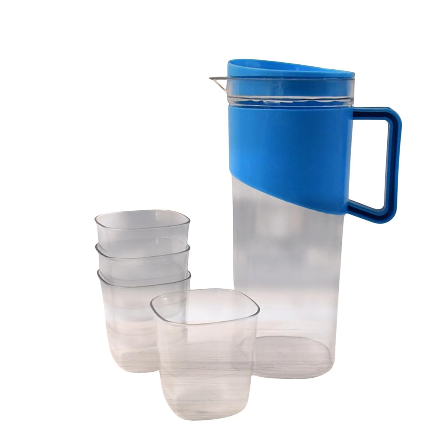 Transparent Premium Jug with Elegant Handle & 4 Plastic Glasses (2000 ML Approx) Signature kart