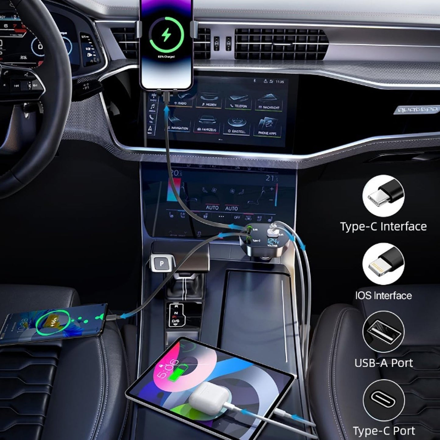 120 W Super Fast Car Charger 4-in-1 with Dual Built-In Cables, Dual USB Ports, The Morsignaturekarts