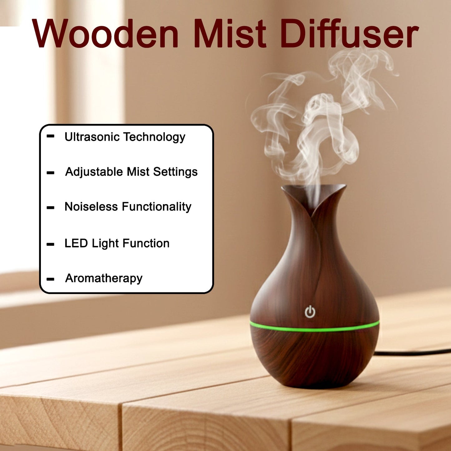 Mini Wooden Vase Pot Diffuser Cool Mist Atomization Humidifier (1 Pc) Signaturekarts