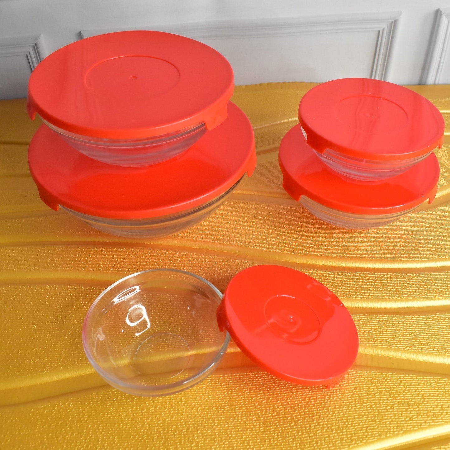 Modern Glass Bowl Set, Mixing / Storage Bowls with Red Lids (5 Pcs Set) Signaturekarts