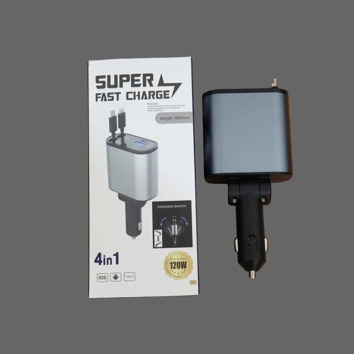 120 W Super Fast Car Charger 4-in-1 with Dual Built-In Cables, Dual USB Ports, The Morsignaturekarts
