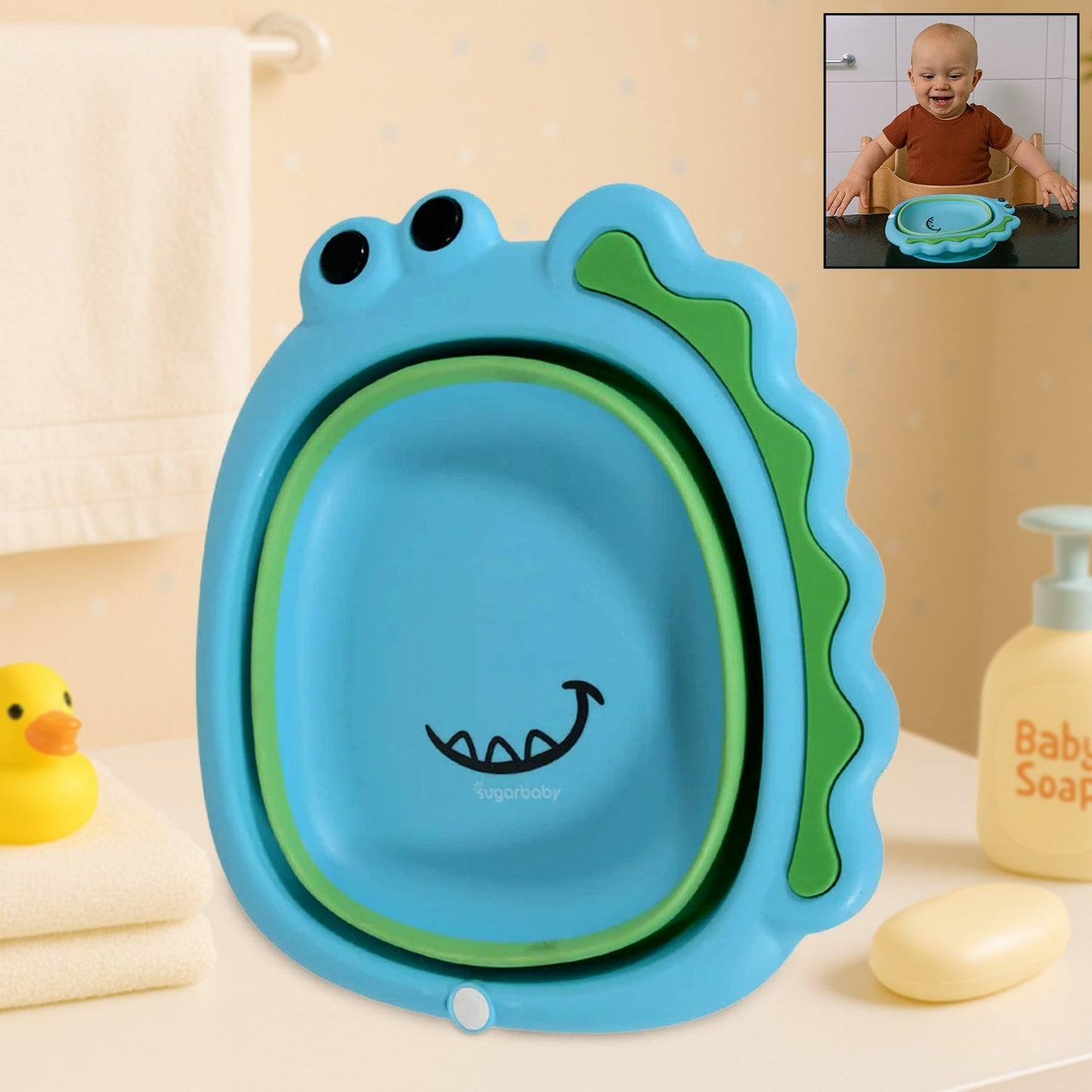 Frog Shape Foldable Baby Wash Basin – Space-Saving Face Washing Tub (33×31cm) signaturekarts