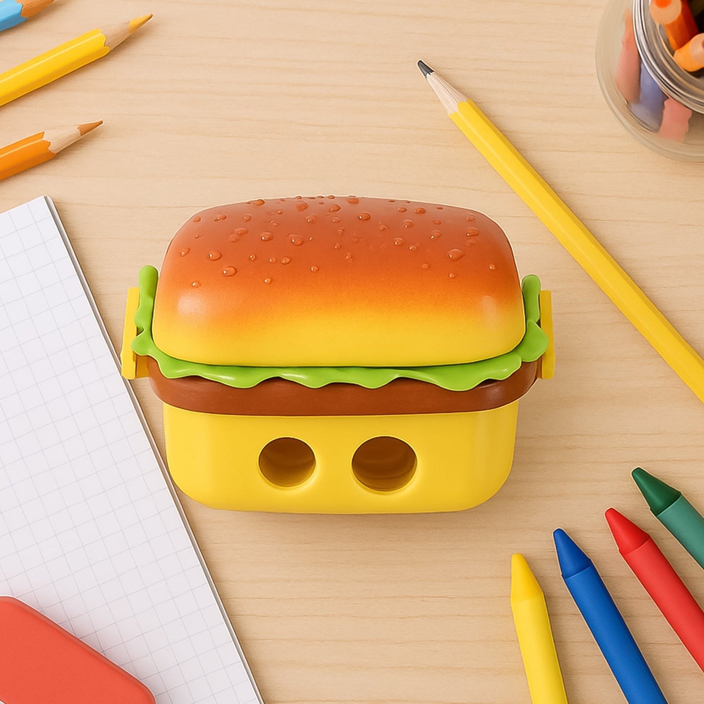 Plastic Burger Shape Small Size Double Hole Sharpener With Eraser (1 Set) Signature kart