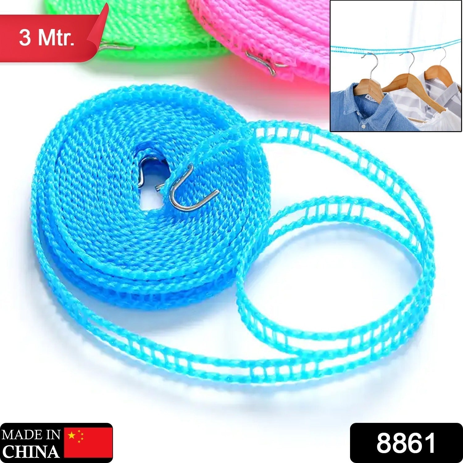 3 Meter Anti-Slip Clothesline Rope - Nylon, Hooks, Indoor/Outdoor signaturekarts